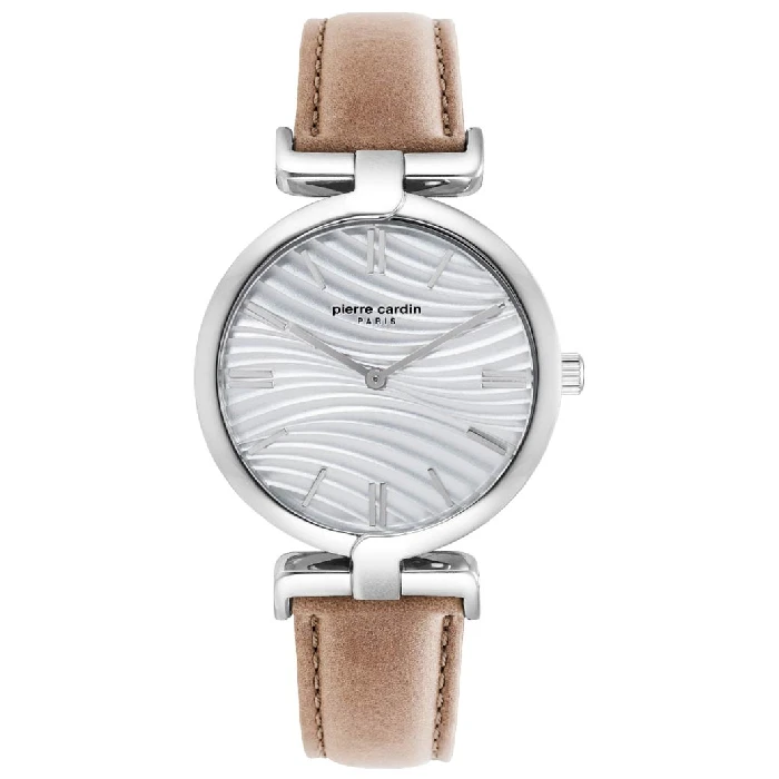 Дамски ръчен часовник с кварцов механизъм - корпус от Стомана - Естествена кожа - цвят Бял Кафяв