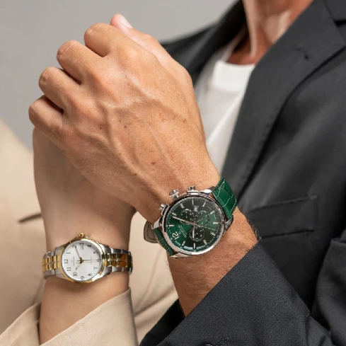 Мъжки ръчен часовник с кварцов механизъм - корпус от Стомана - Естествена кожа - цвят Зелен