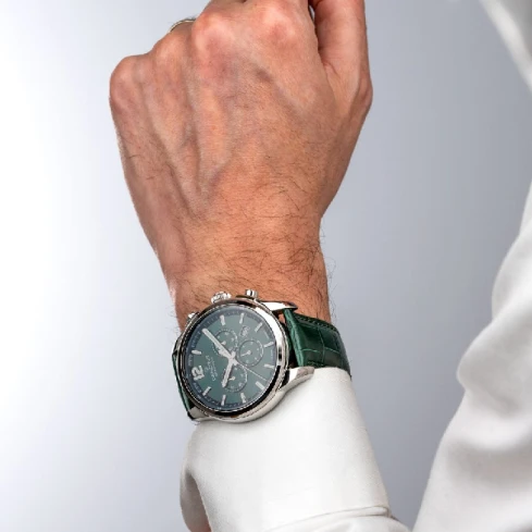 Мъжки ръчен часовник с кварцов механизъм - корпус от Стомана - Естествена кожа - цвят Зелен