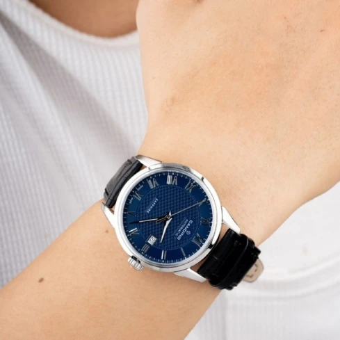 Мъжки ръчен часовник с кварцов механизъм - корпус от Стомана - Естествена кожа - цвят Син