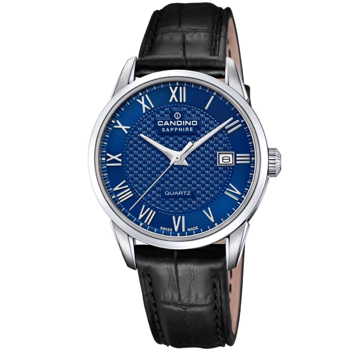 Мъжки ръчен часовник с кварцов механизъм - корпус от Стомана - Естествена кожа - цвят Син