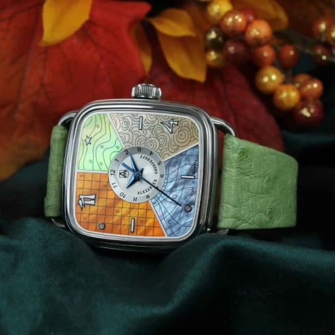Дамски ръчен часовник с автоматичен механизъм - корпус от Стомана - Естествена кожа - цвят Седеф Зелен
