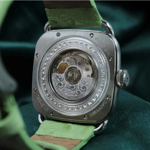 Дамски ръчен часовник с автоматичен механизъм - корпус от Стомана - Естествена кожа - цвят Седеф Зелен