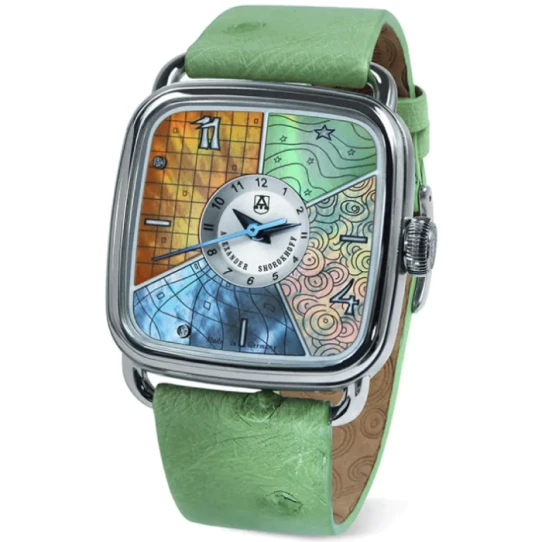 Дамски ръчен часовник с автоматичен механизъм - корпус от Стомана - Естествена кожа - цвят Седеф Зелен
