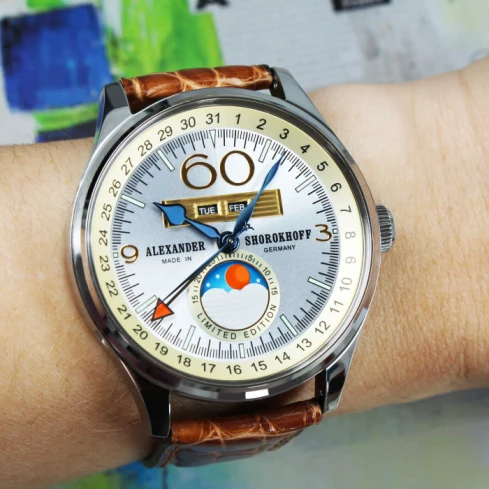 Мъжки ръчен часовник с автоматичен механизъм - корпус от Стомана - Естествена кожа - цвят Бял Кафяв