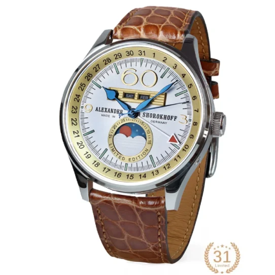 Мъжки ръчен часовник с автоматичен механизъм - корпус от Стомана - Естествена кожа - цвят Бял Кафяв