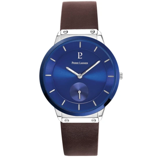 Мъжки ръчен часовник с кварцов механизъм - корпус от Стомана - Естествена кожа - цвят Син Кафяв