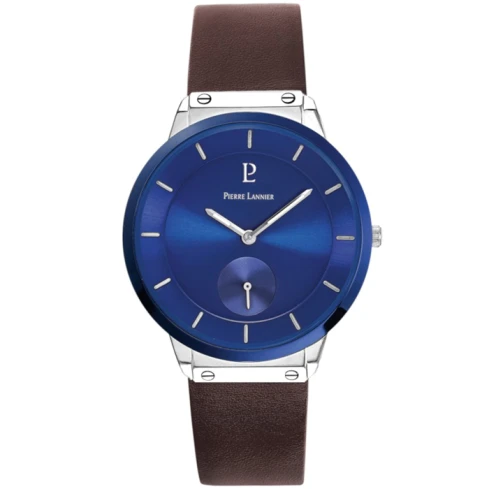 Мъжки ръчен часовник с кварцов механизъм - корпус от Стомана - Естествена кожа - цвят Син Кафяв