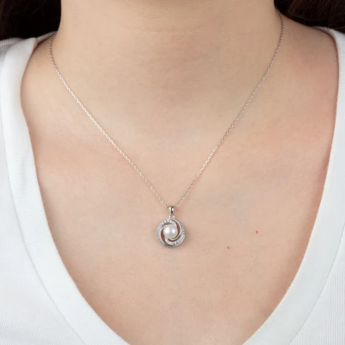 Дамски колие от 925 Сребро - с форма Геометрия - Перла - Бял