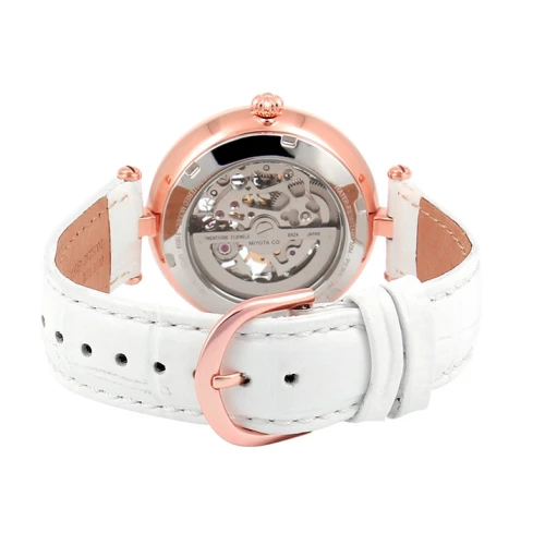 Дамски ръчен часовник с автоматичен механизъм - корпус от Стомана - Естествена кожа - цвят Скелетон Бял