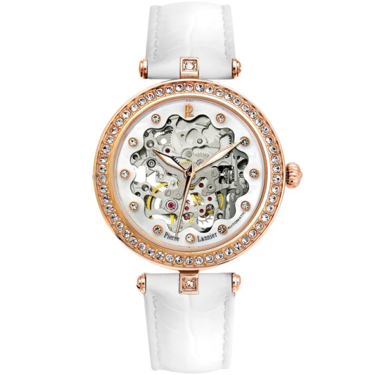 Дамски ръчен часовник с автоматичен механизъм - корпус от Стомана - Естествена кожа - цвят Скелетон Бял