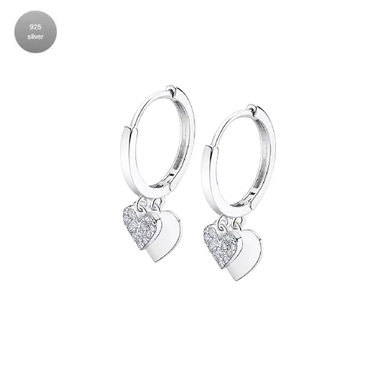 Дамски обеци от 925 Сребро - с форма Сърце - Цирконий - Родиево покритие