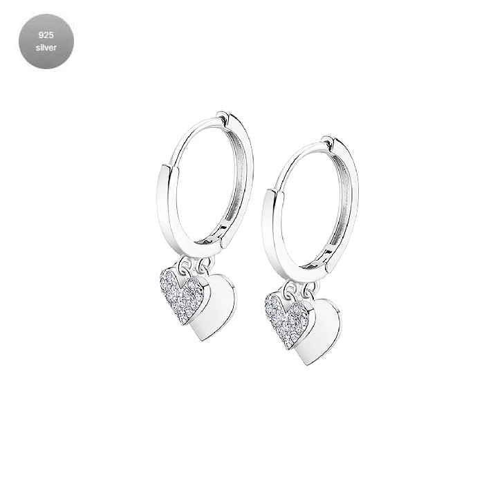 Дамски обеци от 925 Сребро - с форма Сърце - Цирконий - Родиево покритие