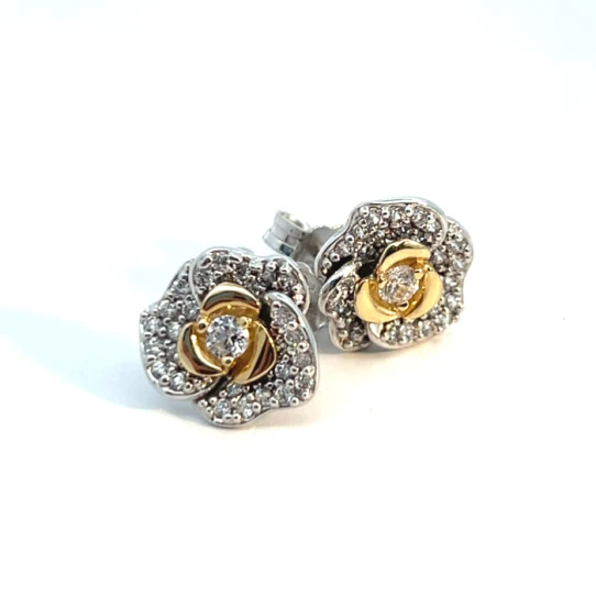 Дамски обеци от 14K Злато Бяло и Жълто - с форма Цвете - Цирконий - Комбинация от бяло и жълто злато