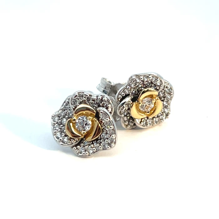 Дамски обеци от 14K Злато Бяло и Жълто - с форма Цвете - Цирконий - Комбинация от бяло и жълто злато