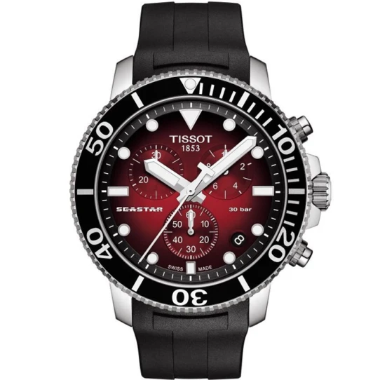 Tissot T120.417.17.421.00 Seastar 1000 Chronograph - Мъжки ръчен часовник с кварцов механизъм - корпус от Стомана - Каучук - цвят Червен Сив