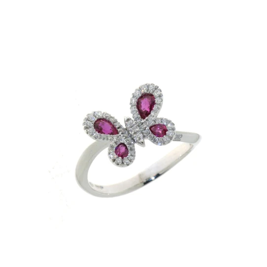 Дамски пръстен от Злато Бяло - с форма Пеперуда - Рубин Диаманти