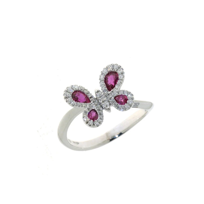 Дамски пръстен от Злато Бяло - с форма Пеперуда - Рубин Диаманти