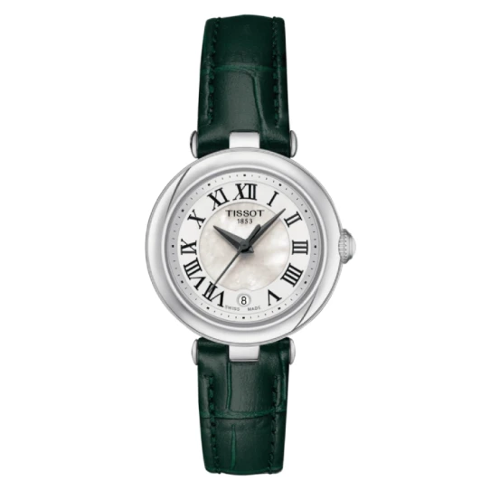 Tissot T126.010.16.113.02 Bellissima Small lady - Дамски ръчен часовник с кварцов механизъм - корпус от Стомана - Естествена кожа - цвят Седеф Зелен