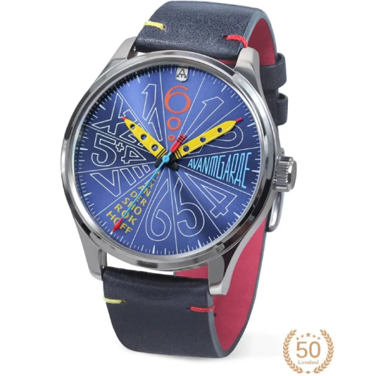 Мъжки ръчен часовник с механичен механизъм - корпус от Стомана - Естествена кожа - цвят Син