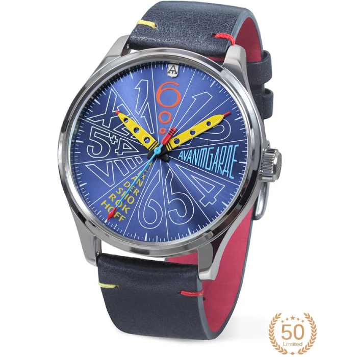 Мъжки ръчен часовник с механичен механизъм - корпус от Стомана - Естествена кожа - цвят Син