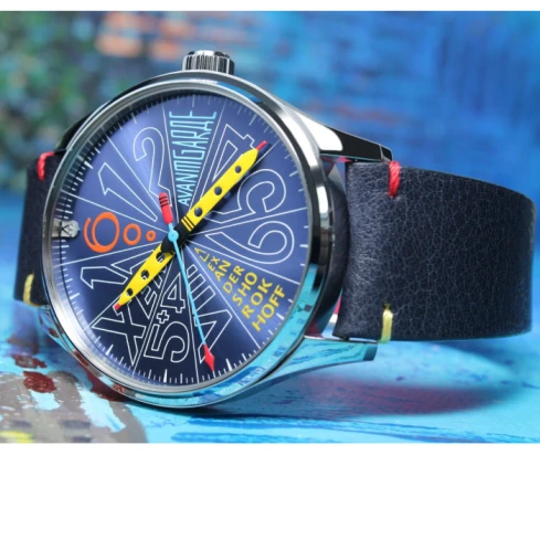 Мъжки ръчен часовник с механичен механизъм - корпус от Стомана - Естествена кожа - цвят Син