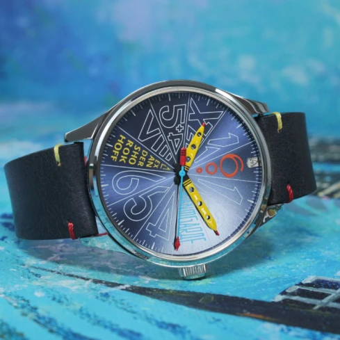 Мъжки ръчен часовник с механичен механизъм - корпус от Стомана - Естествена кожа - цвят Син