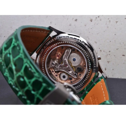 Дамски ръчен часовник с механичен механизъм - корпус от Стомана - Естествена кожа - цвят Син