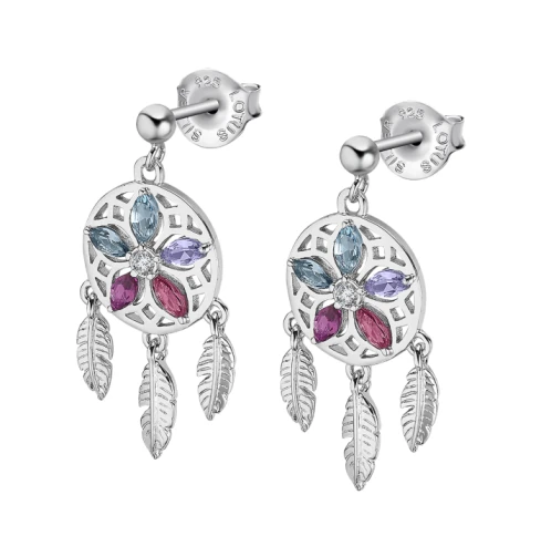 Дамски обеци от 925 Сребро - с форма Перо - Цирконий - Многоцветен