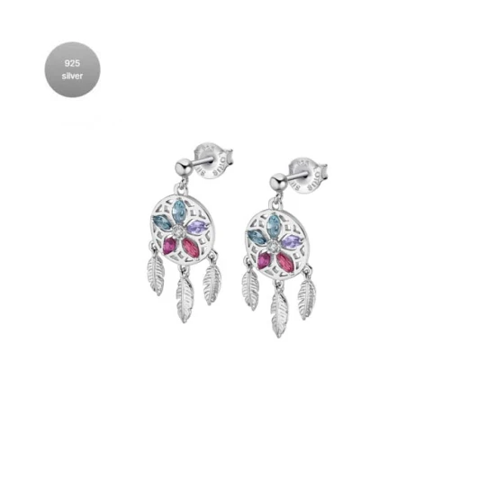 Дамски обеци от 925 Сребро - с форма Перо - Цирконий - Многоцветен
