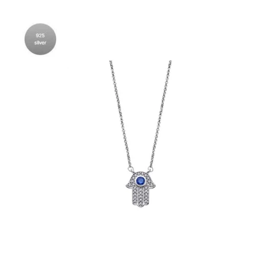 Дамски колие от 925 Сребро - с форма Хамса/Ръката на Фатима - - Син