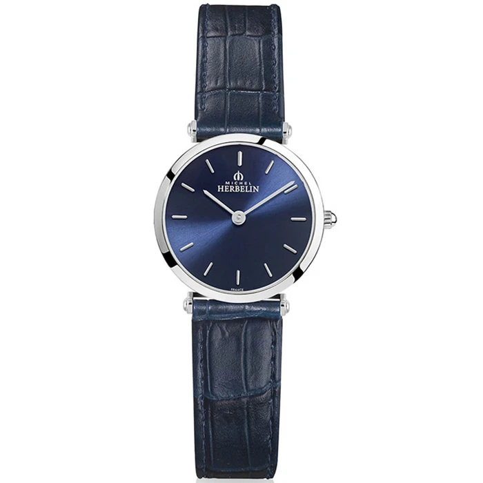 Дамски ръчен часовник с кварцов механизъм - корпус от Стомана - Естествена кожа - цвят Син Син