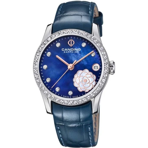 Дамски ръчен часовник с кварцов механизъм - корпус от Стомана - Естествена кожа - цвят Седеф Син