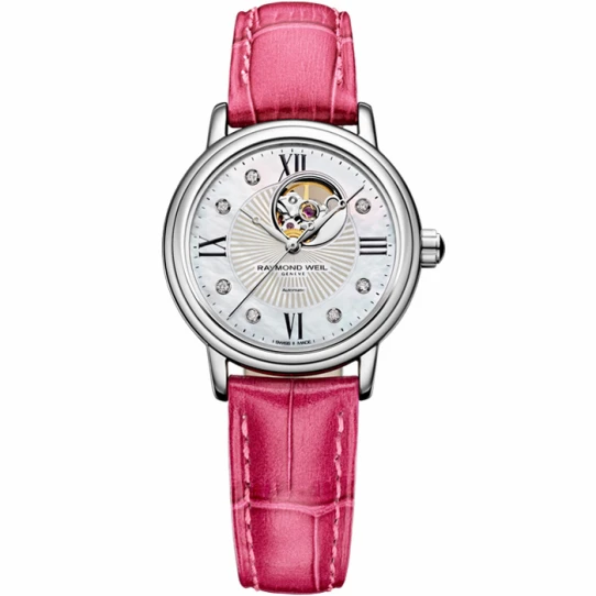 Дамски ръчен часовник с автоматичен механизъм - корпус от Стомана - Естествена кожа - цвят Седеф Розов