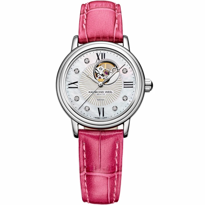 Дамски ръчен часовник с автоматичен механизъм - корпус от Стомана - Естествена кожа - цвят Седеф Розов