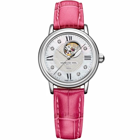 Дамски ръчен часовник с автоматичен механизъм - корпус от Стомана - Естествена кожа - цвят Седеф Розов