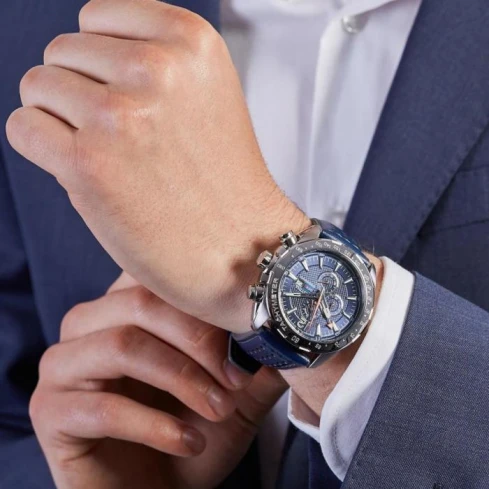 Мъжки ръчен часовник с кварцов механизъм - корпус от Стомана - Естествена кожа - цвят Син Син