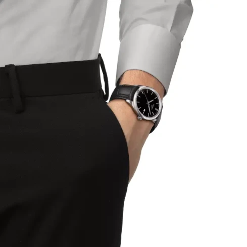 Мъжки ръчен часовник с кварцов механизъм - корпус от Стомана - Естествена кожа - цвят Черен Черен