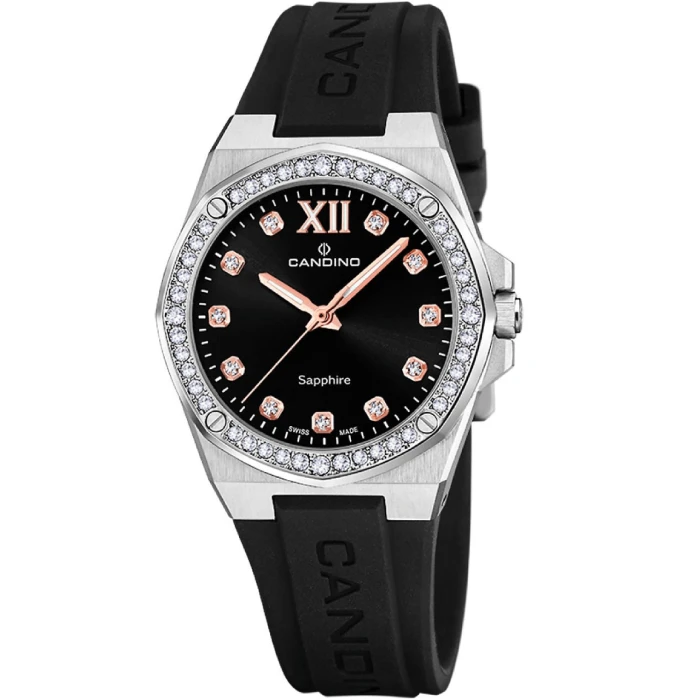 Дамски ръчен часовник с кварцов механизъм - корпус от Стомана - Каучук - цвят Черен Розово Злато