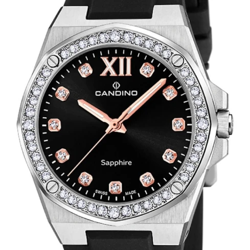 Дамски ръчен часовник с кварцов механизъм - корпус от Стомана - Каучук - цвят Черен Розово Злато