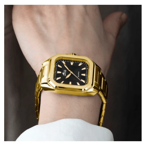 Дамски ръчен часовник с кварцов механизъм - корпус от Стомана - Златна верижка - цвят Черен