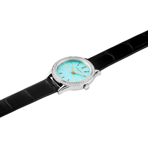 Дамски ръчен часовник с кварцов механизъм - корпус от Стомана - Естествена кожа - цвят Син