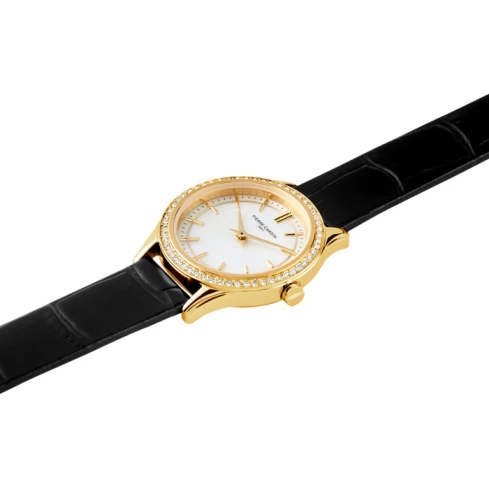 Дамски ръчен часовник с кварцов механизъм - корпус от Стомана - Естествена кожа - цвят Седеф Черен