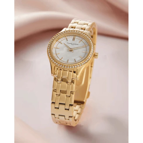 Дамски ръчен часовник с кварцов механизъм - корпус от Стомана - Стоманена верижка - цвят Седеф Злато