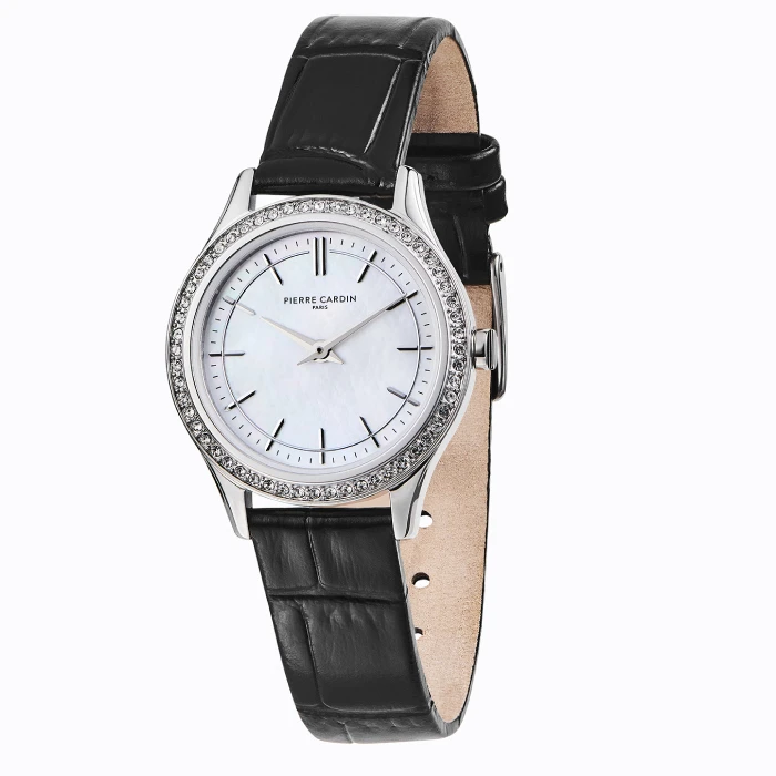 Дамски ръчен часовник с кварцов механизъм - корпус от Стомана - Естествена кожа - цвят Седеф Черен