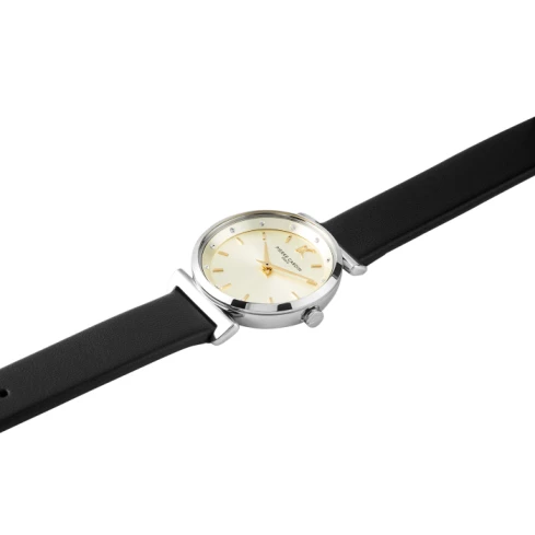 Дамски ръчен часовник с кварцов механизъм - корпус от Стомана - Естествена кожа - цвят Шампанско Черен