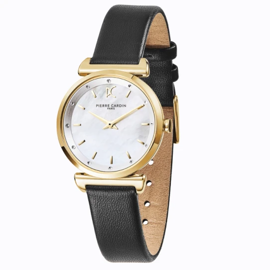 Дамски ръчен часовник с кварцов механизъм - корпус от Стомана - Естествена кожа - цвят Бял Черен