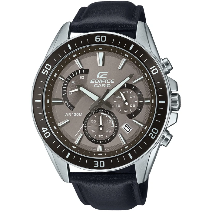 Мъжки ръчен часовник с кварцов механизъм - корпус от Стомана - Естествена кожа - цвят Кафяв Сив