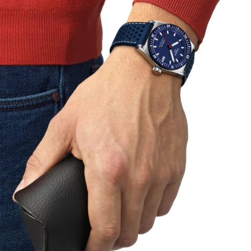 Мъжки ръчен часовник с автоматичен механизъм - корпус от Стомана - Естествена кожа - цвят Син Син