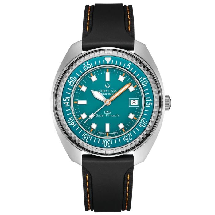 Мъжки ръчен часовник с автоматичен механизъм - корпус от Стомана - Каучук - цвят Тюркоаз Оранжев